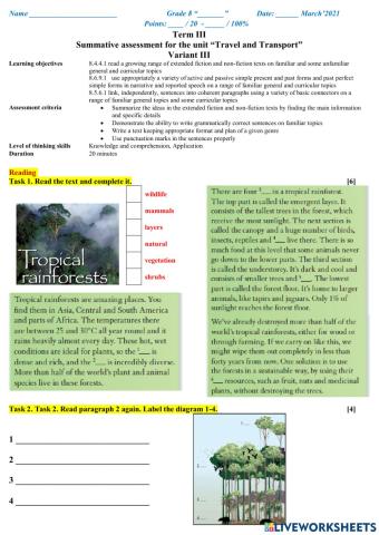 Summative assessment for the unit “Travel and Transport” Variant III