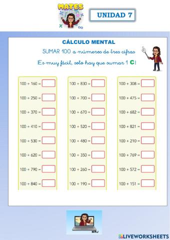 Cálculo mental: sumar 100 a números de tres cifras