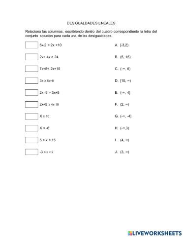Diez ejercicios de desigualdades lineales en los que el alumno deba relacionar las columnas