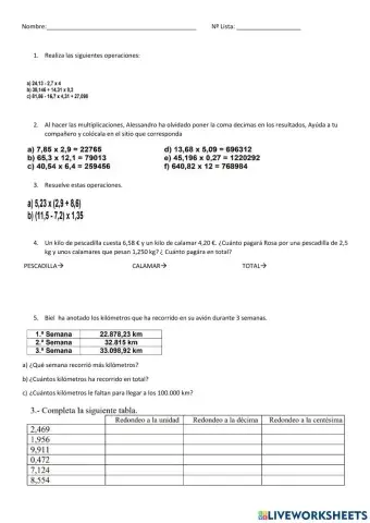 Control Operaciones con decimales