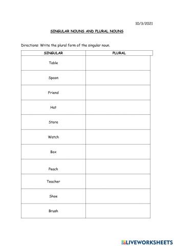 Singular plural nouns worksheet
