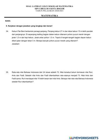 Soal Latihan  Ujian Sekolah Matematika Uraian