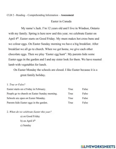 Easter - Reading Comprehension