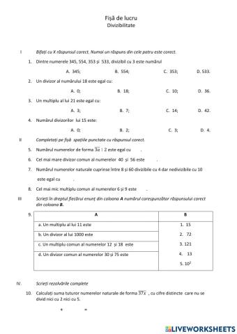Fisa de lucru divizibilitate