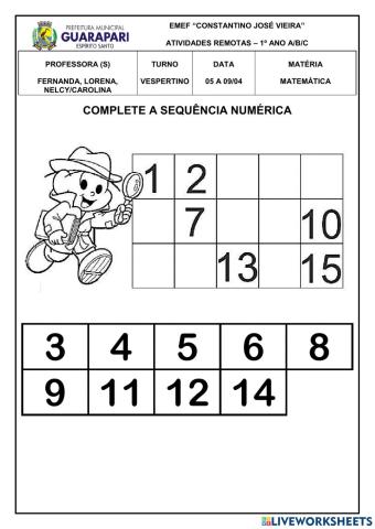 Complete a sequência numérica