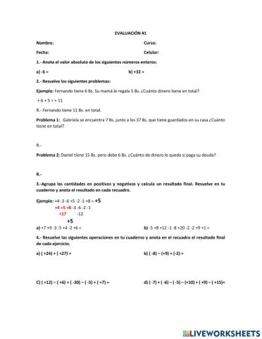 Evaluación suma de números enteros