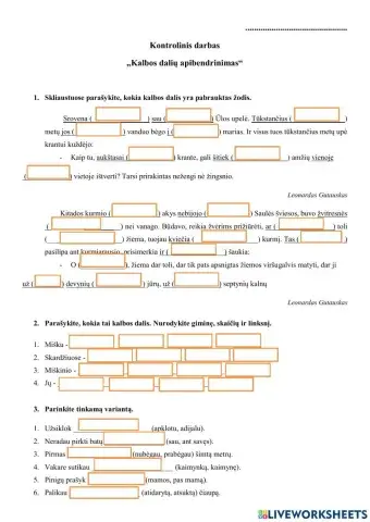 Kontrolinis darbas 5 kl. Kalbos dalių apibendrinimas