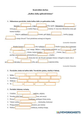 Kontrolinis darbas 5 kl. Kalbos dalių apibendrinimas