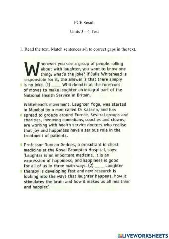 FCE Result Units 3-4 reading and writing