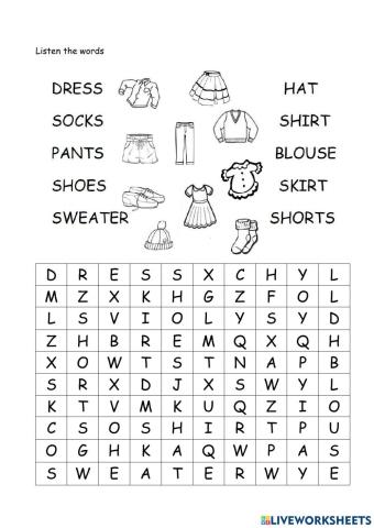 Clothes' wordsearch