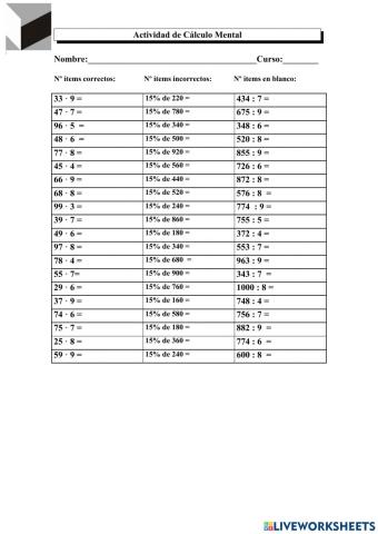 Cálculo del 15-, productos y divisiones por una cifra