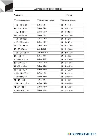 Sumas y restas de números enteros, fracción de una cantidad y operaciones combinadas con números de dos cifras