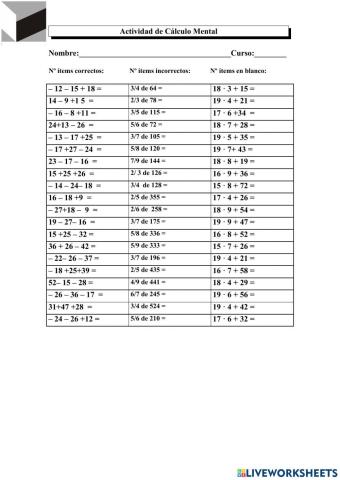 Sumas y restas de números enteros, fracción de una cantidad y operaciones combinadas con números de dos cifras