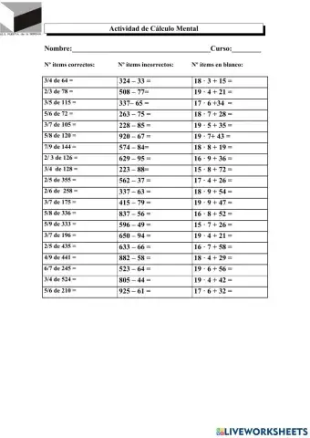 Fracción de una cantidad, resta de tres cifras menos dos cifras y operaciones combinadas sencillas