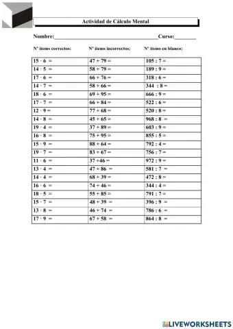 Sumas de números de dos cifras, producto por una cifra y división por una cifra