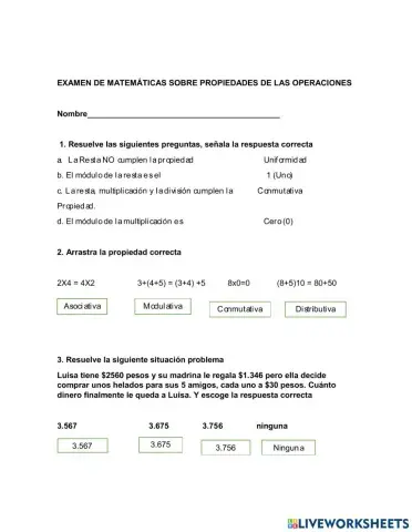 Examen de matemáticas sobre propiedades