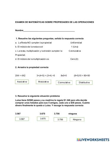 Examen de matemáticas sobre propiedades