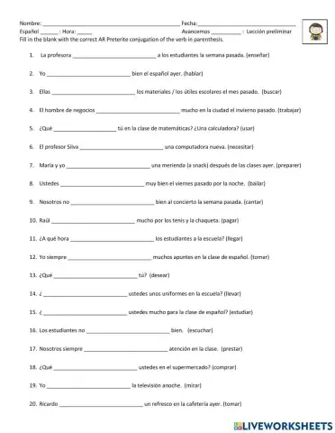 SP2 AR Preterite Worksheet B