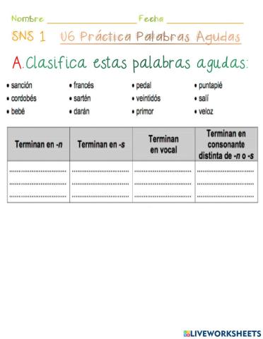 Clasificación  Palabras Agudas