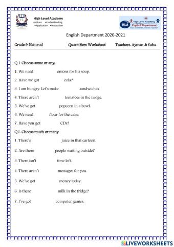 Quantifiers Worksheet