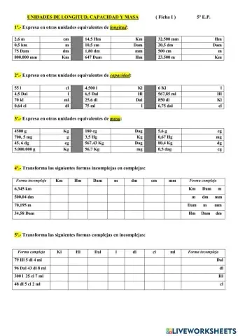 UNIDADES DE LONGITUD, CAPACIDAD Y MASA ficha I