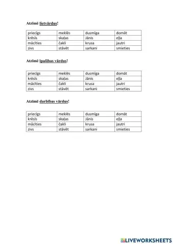 Atzīmē lietvārdu, īpašības vārdu, darbības vārdu!