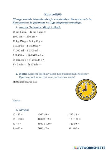 kontrolltöö: rooma numbrid, nimega arvud, nullidega lõppevate arvudega arvut