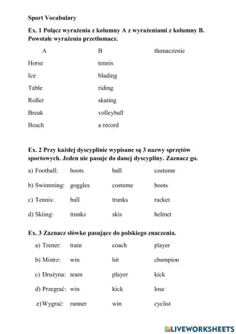 Sport Vocabulary Easy