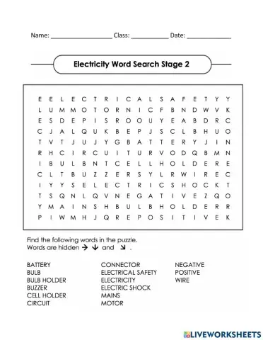 Electricity Word Search