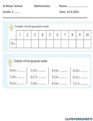 Multiplication table of 9