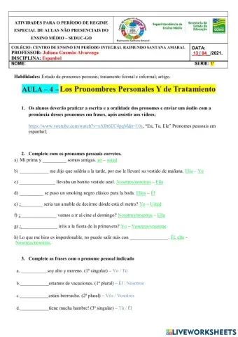 Atividade - Pronombre Personale