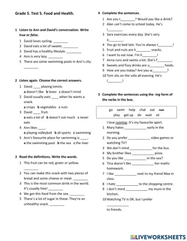 Grade 5. Food. Health. Cafe. Quantifiers.