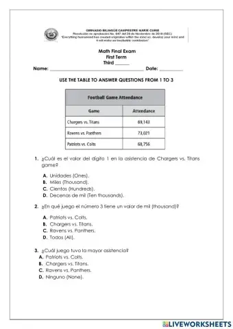 Exam compare, order, addition and subtraction