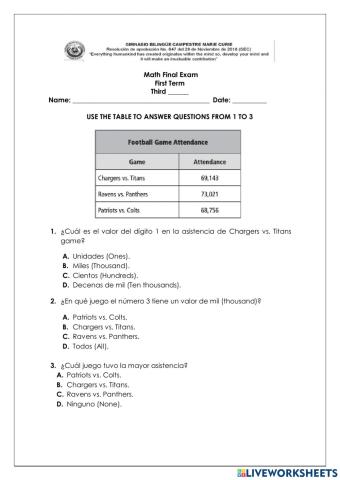 Exam compare, order, addition and subtraction