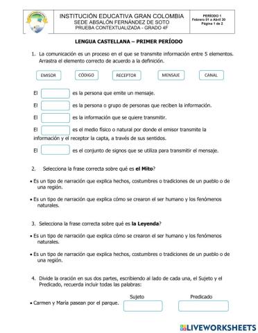 PRUEBA 1P LENGUA CASTELLANA GRADO 4F