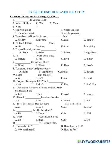 Unit 10 : staying healthy