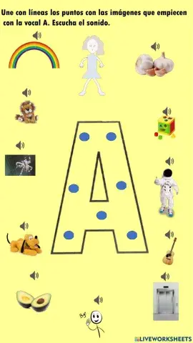 Une con líneas los puntos con las imágenes que empicen con la vocal A.