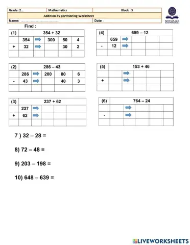 Addition and subtraction by partitioning