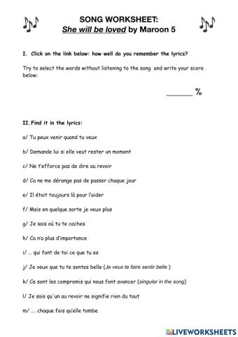 Song worksheet She will be loved