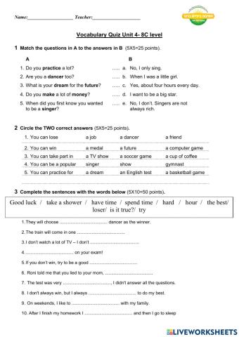 Vocabulary quiz- thumbs up unit 4