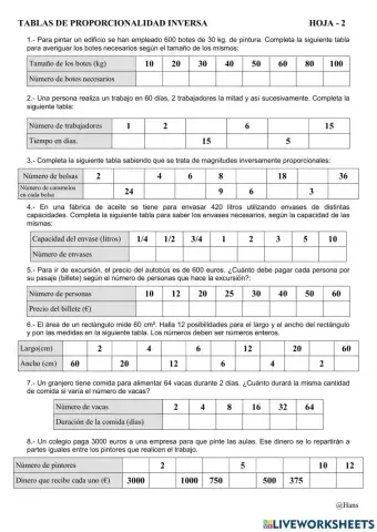 Tablas de proporcionalidad Inversa II