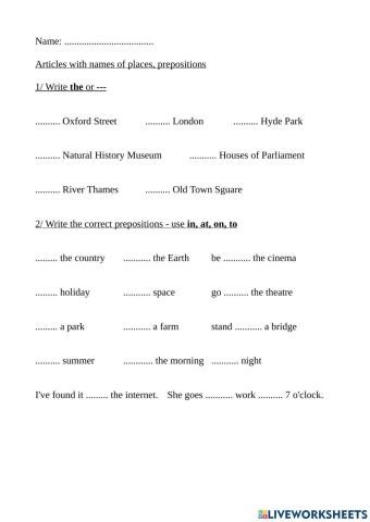 Articles with names of places, prepositions