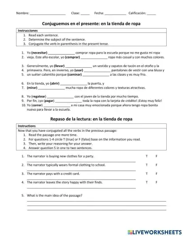 Clothing Spanish Reading