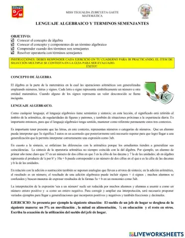 Lenguaje algebraico y términos semejantes