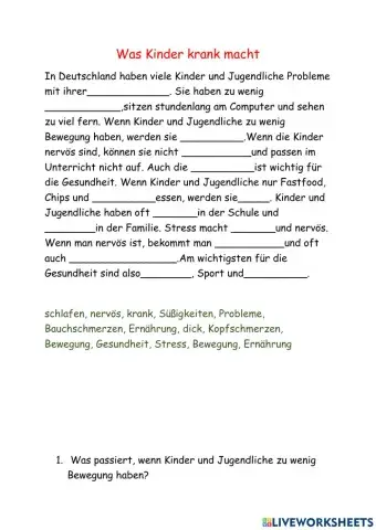 Was macht Kinder krank? Wortschatzübung