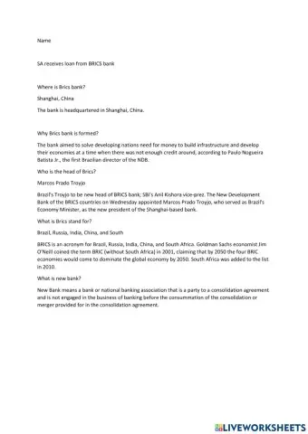 SA receives loan from BRICS bank