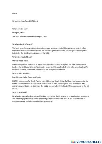 SA receives loan from BRICS bank