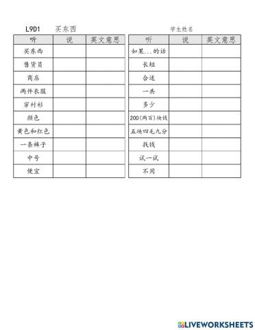 L9D1 vocab of Shopping