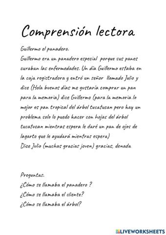 Compresión lectora de Guillermo el panadero