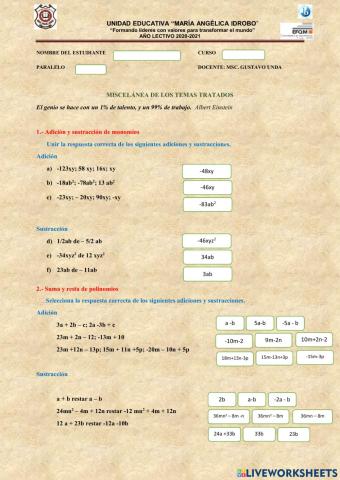 Miscelanea suma - resta -producto de polinomios